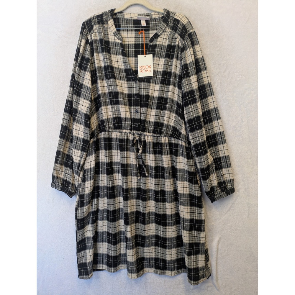 Knox Rose Black and White Plaid Long Sleeve Drawstring Dress
